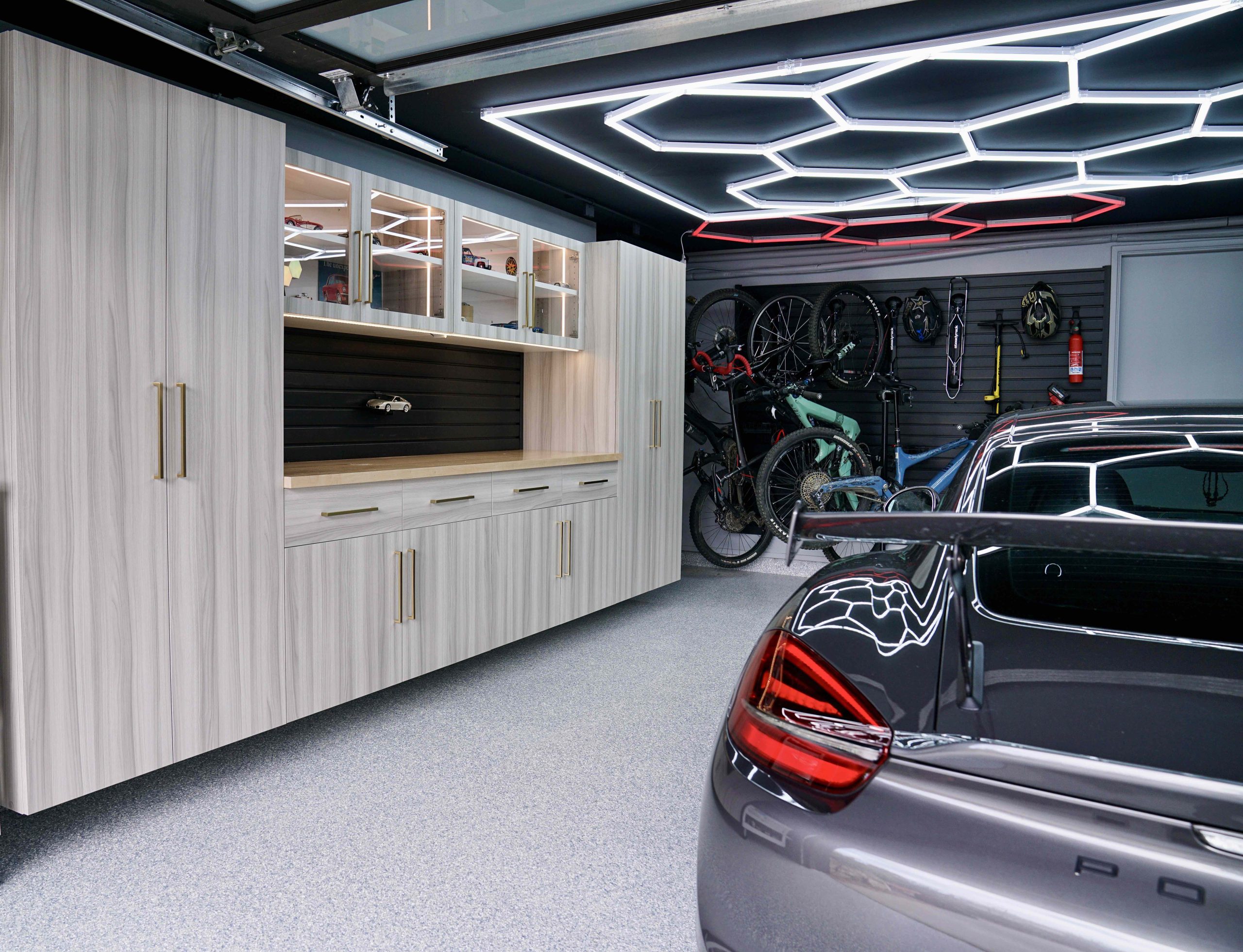 Custom garage storage cabinets installed in an Orange County, CA garage.