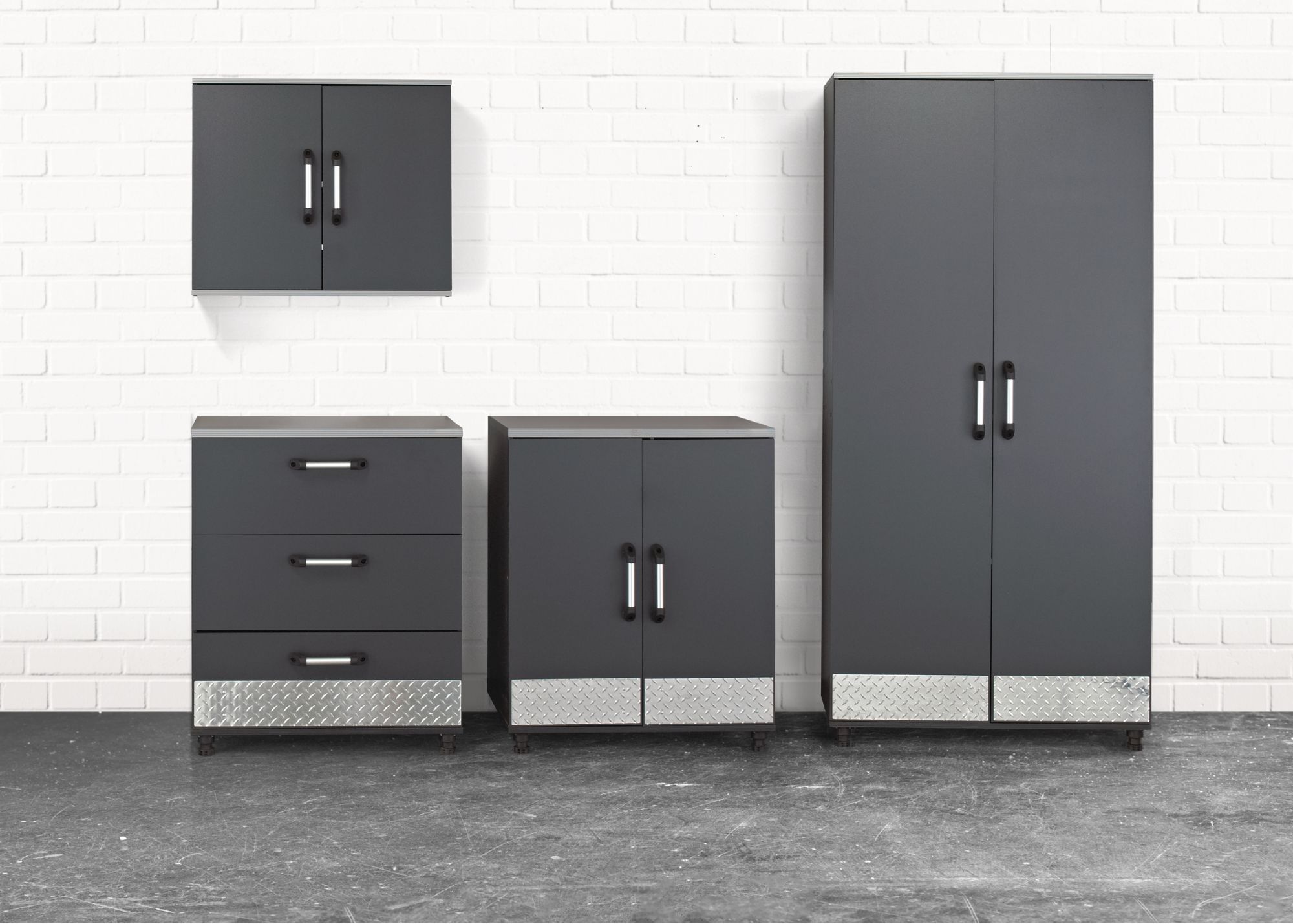 Modular garage cabinets showing prefabricated storage units installed along the garage wall