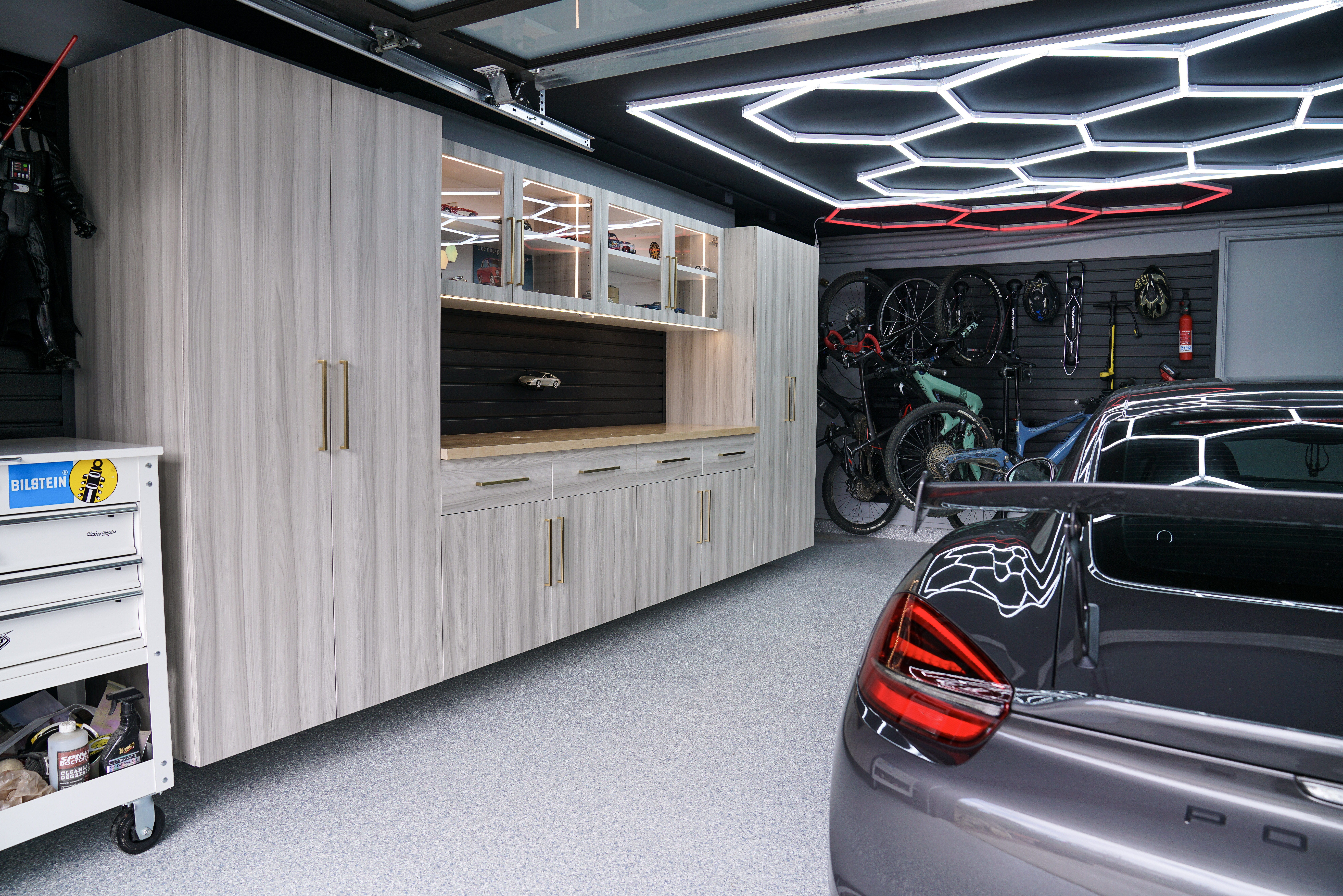 Garage cabinet layout designed with storage zones and open floor space