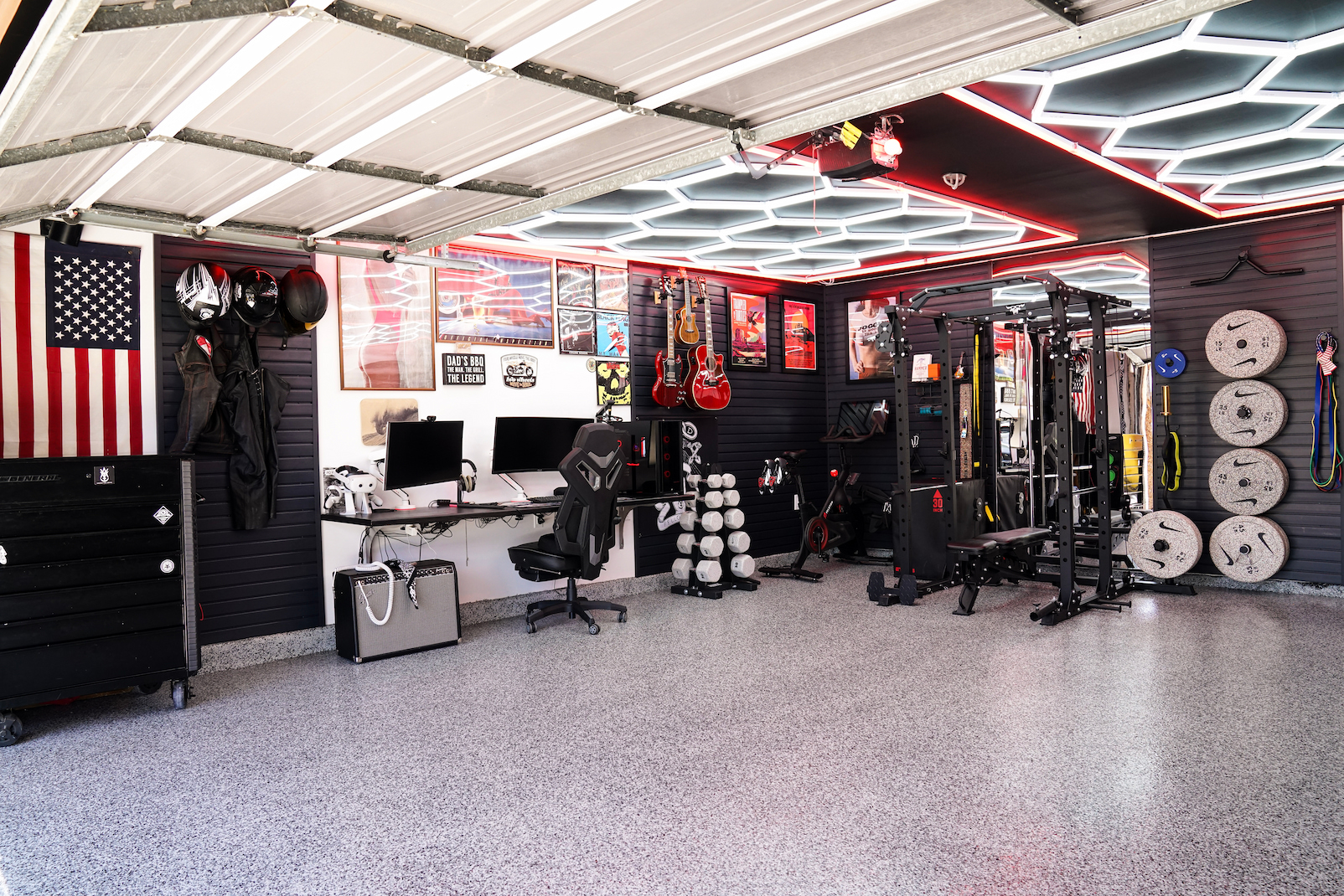 garage gym and work zone with lighting and electrical access planning