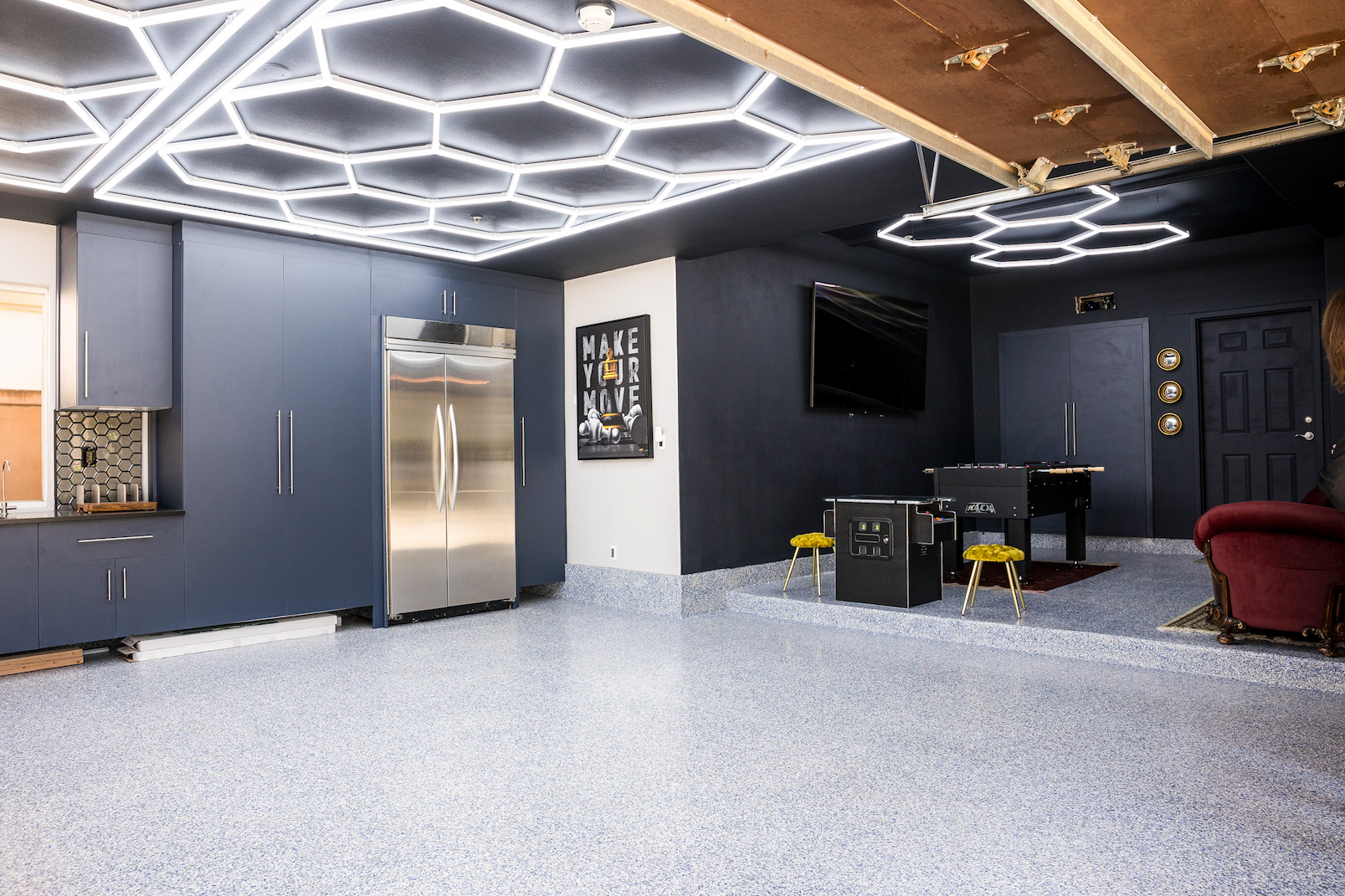 garage wall finish and lighting planned before cabinet installation