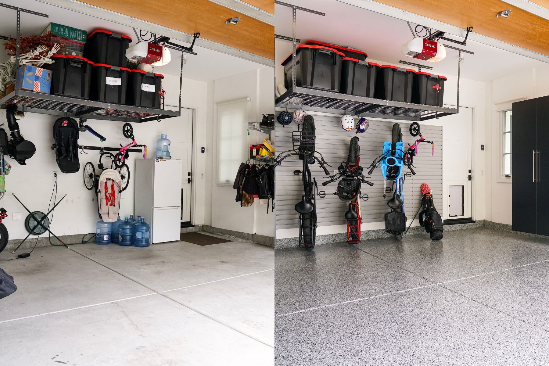 before and after garage remodel showing finished storage and flooring
