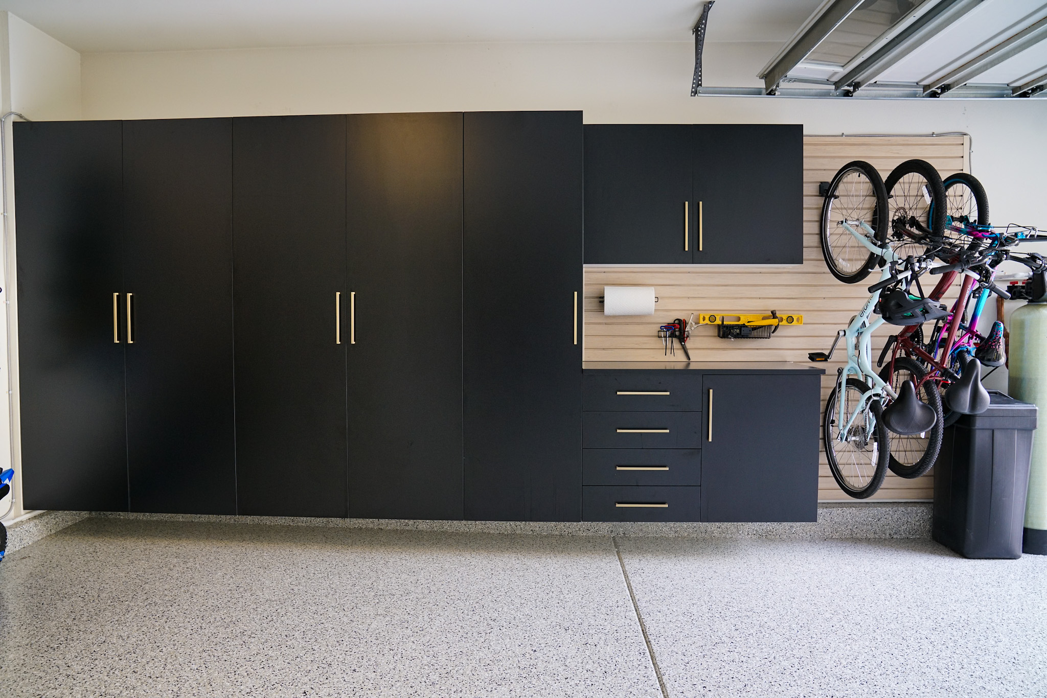 finished garage used for storage projects and daily routines