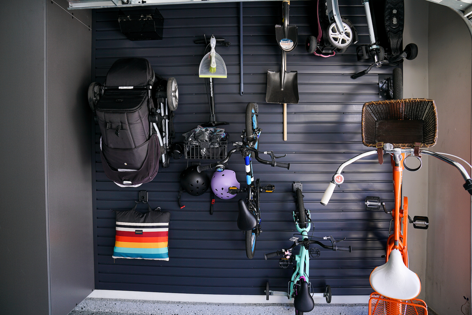 garage wall storage system with items organized off the floor