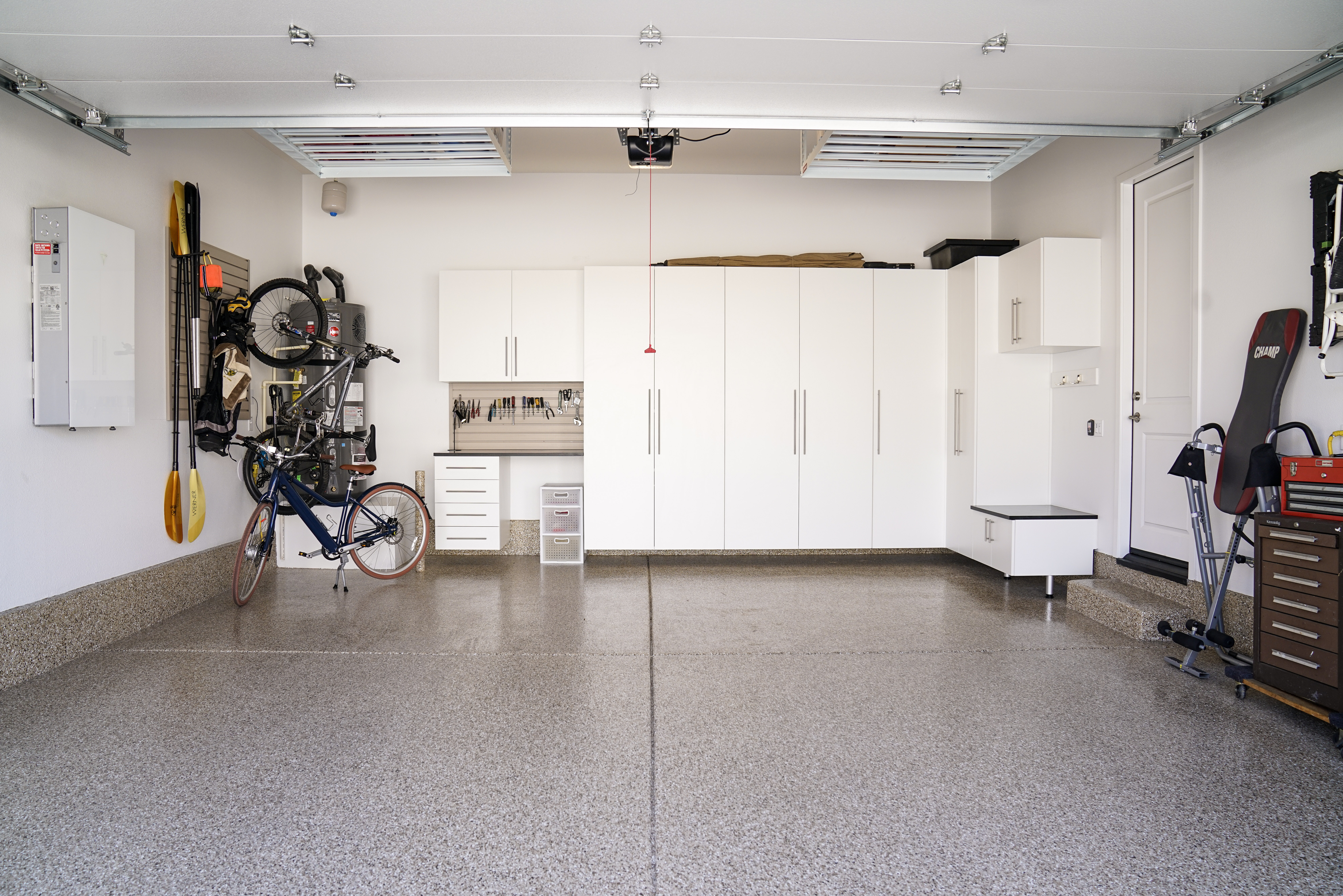 garage storage system with cabinets wall storage and flooring